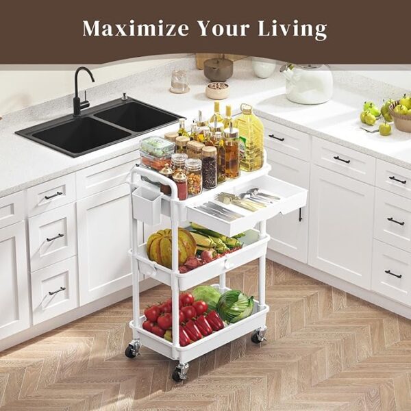 Limited Time Deal 35% Off  Use Code RGJIU3FQ Rolling Utility Cart, 3-Tier with Drawer - Image 2